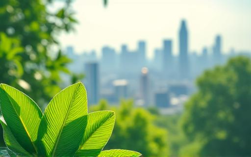 Green leaves and a city skyline, symbolizing corporate sustainability and environmental responsibility.