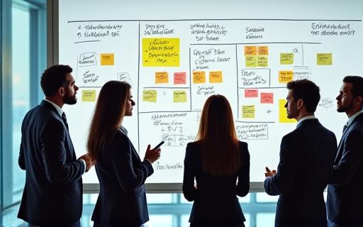 A team collaborating on a whiteboard during a change initiative.